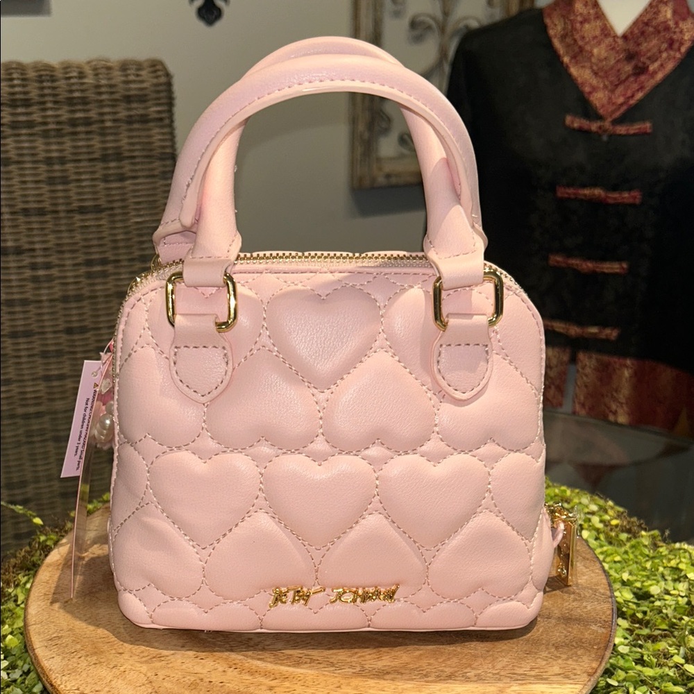 Betsey Johnson Blush Pink Heart Quilted Mini Bag with Teddy Charm 8”x 6”x 3” NWT - Picture 3 of 10